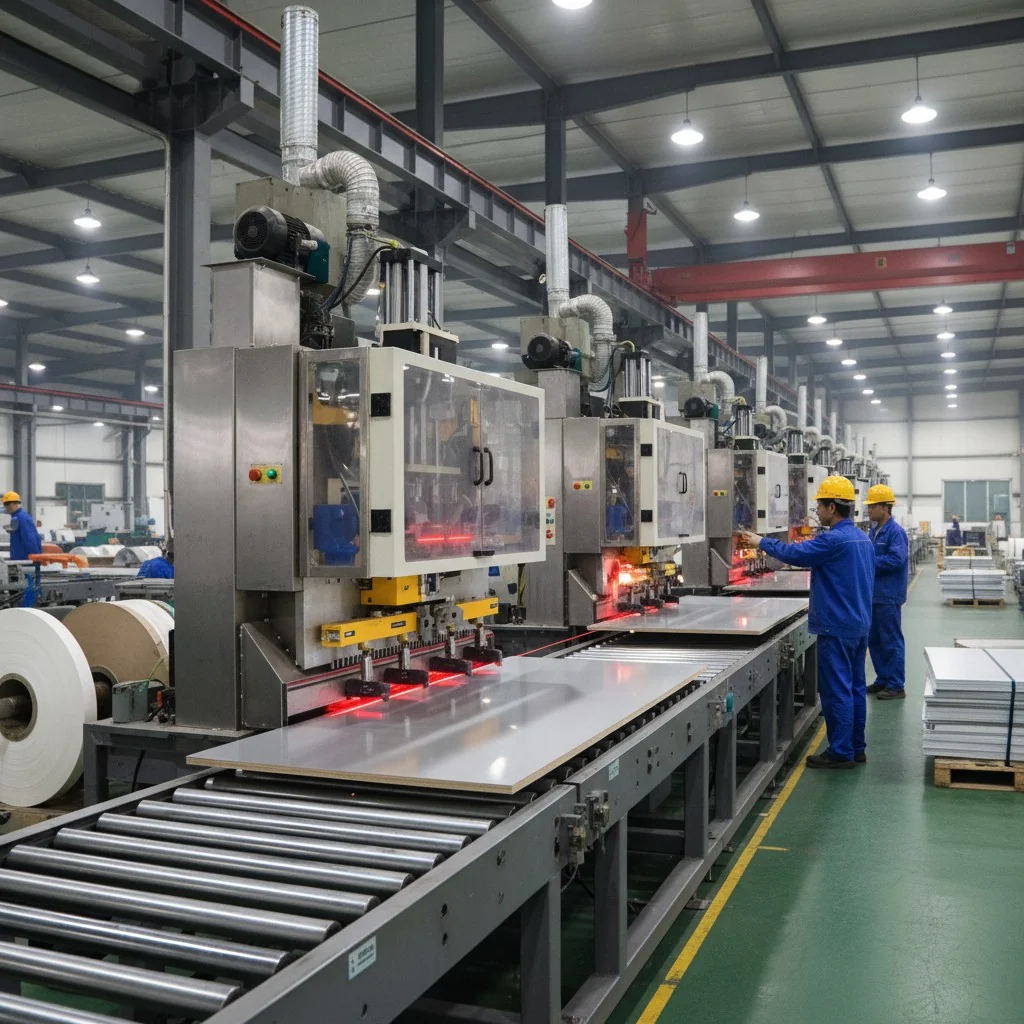 Workers operating machinery in a large Chinese industrial factory setting.