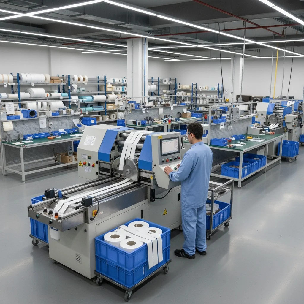 Worker operating conveyor belt in European factory setting with rolls of material.