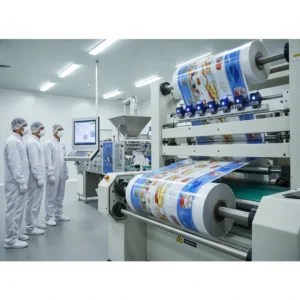 Technicians observe a food packaging production line in a factory setting.