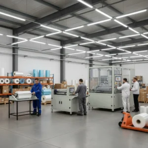 Industrial warehouse with workers operating machinery and handling materials.