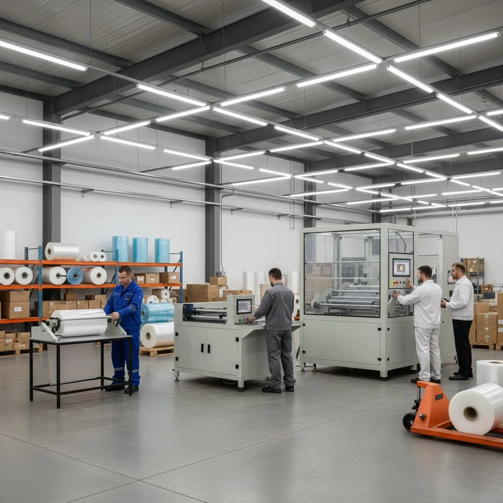 Industrial warehouse with workers operating machinery and handling materials.