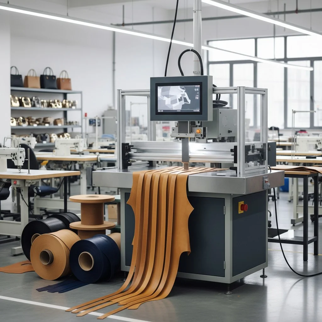 Leather manufacturing machine in a modern factory setting with rolls of leather.
