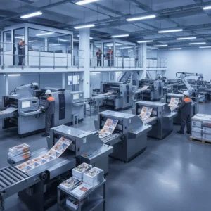 Workers operating machines in a modern print-on-demand factory setting.