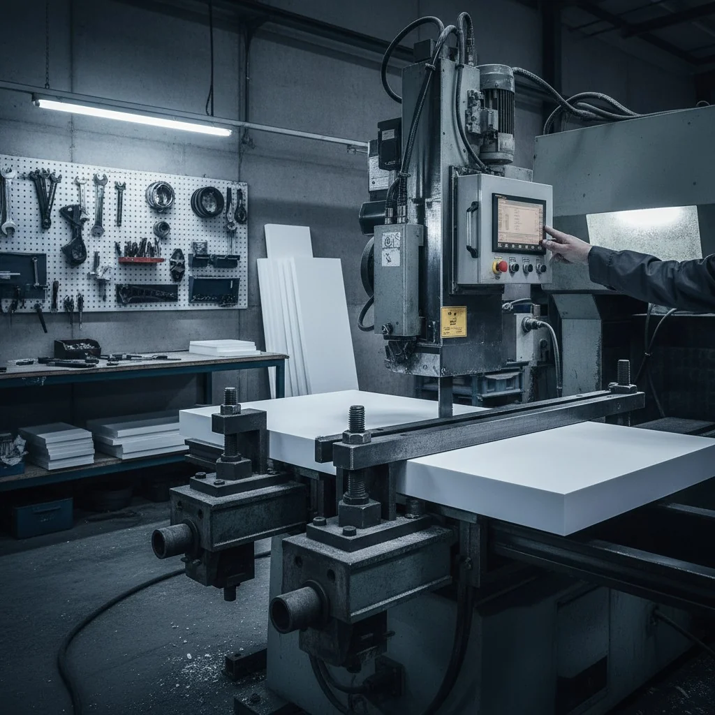 Operator adjusting CNC machine in a workshop setting
