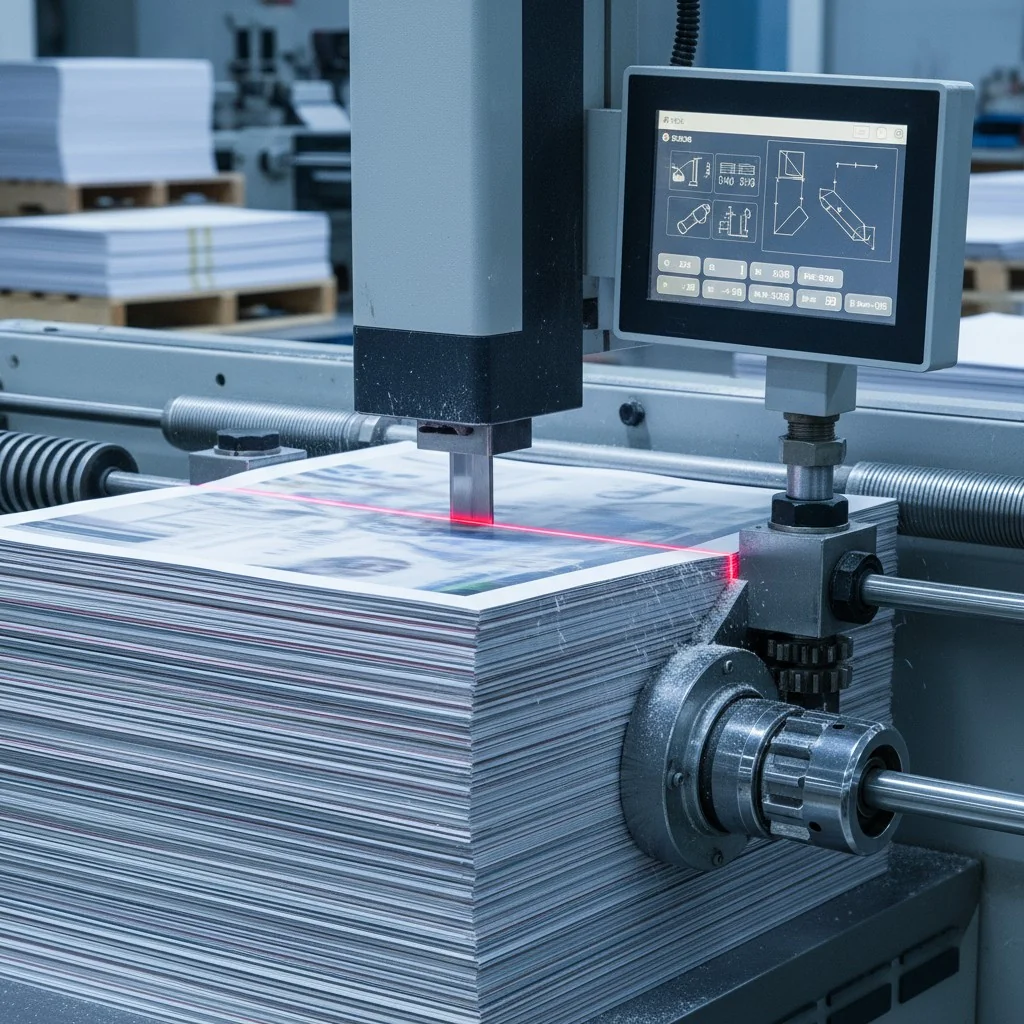 Close-up of an industrial cutting machine slicing paper stacks with precision.