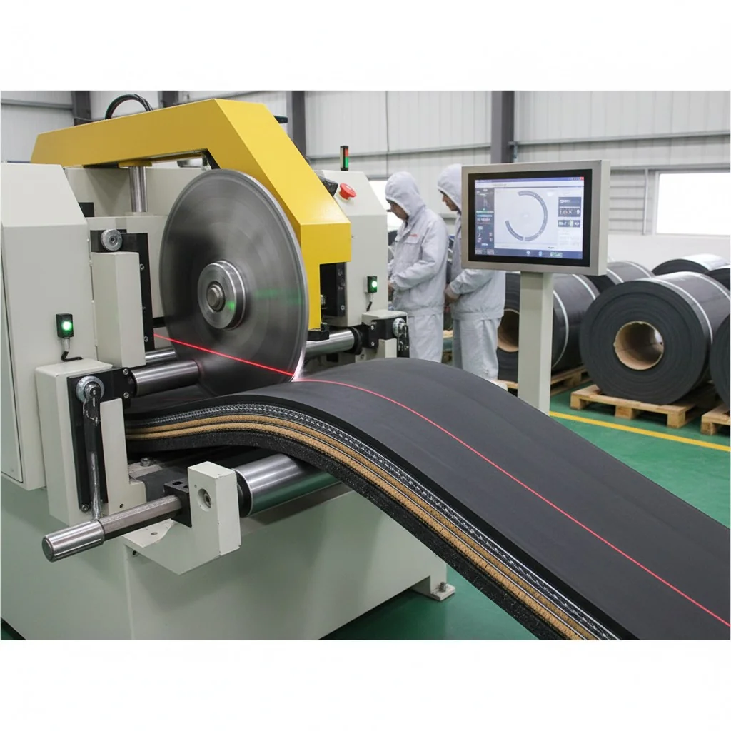 Industrial rotary bevel belt cutter with workers in factory setting