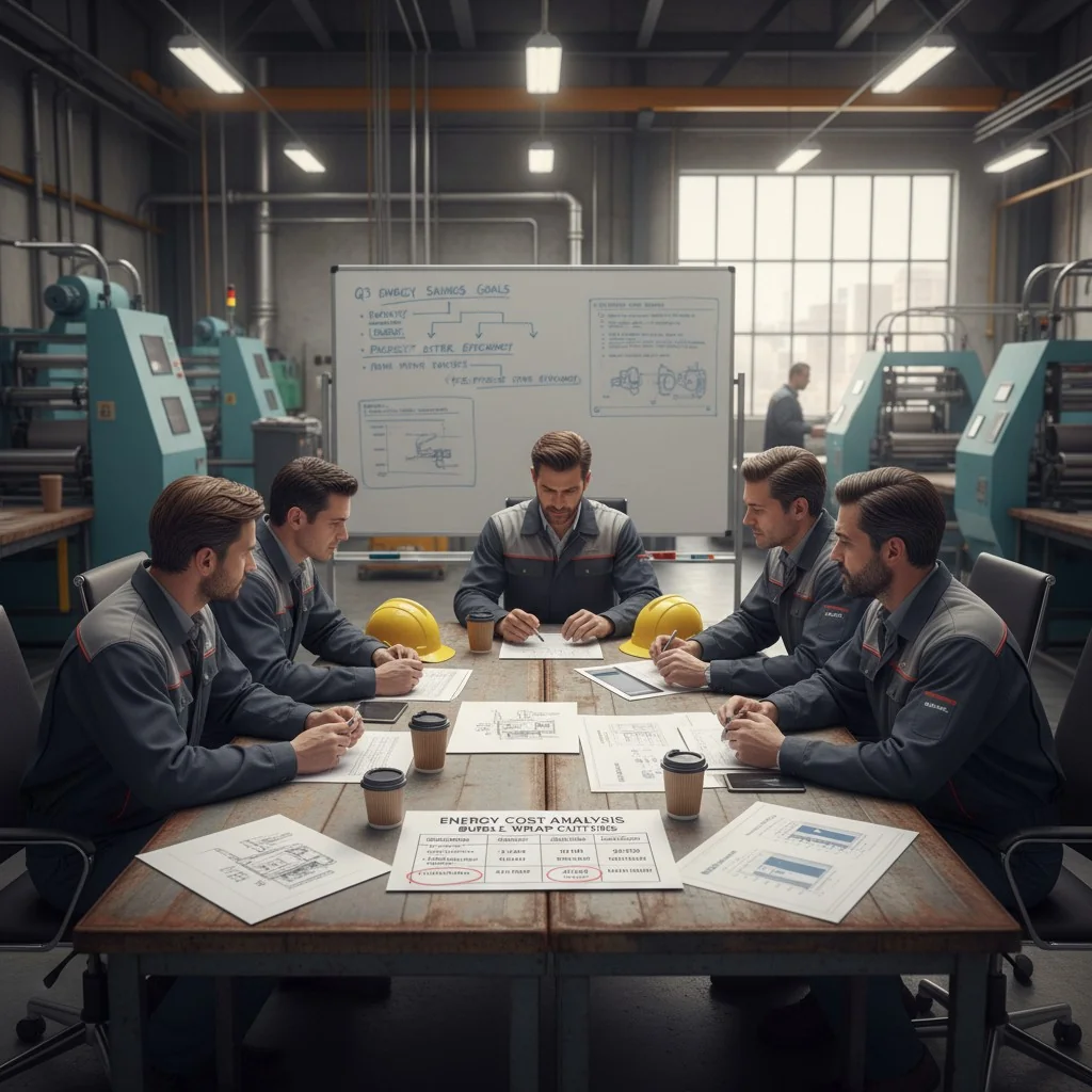 Maintenance team in factory discussing energy savings goals at table