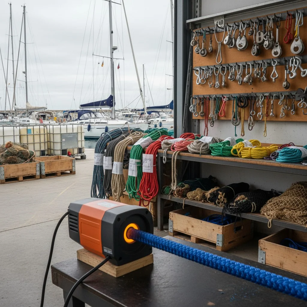 Rigging zone with ropes, tools, and marina view in background