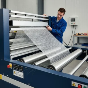 Technician handling static electricity issue on bubble wrap machine