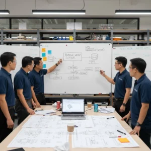 Team collaborates on industrial automation strategy with whiteboard and plans.