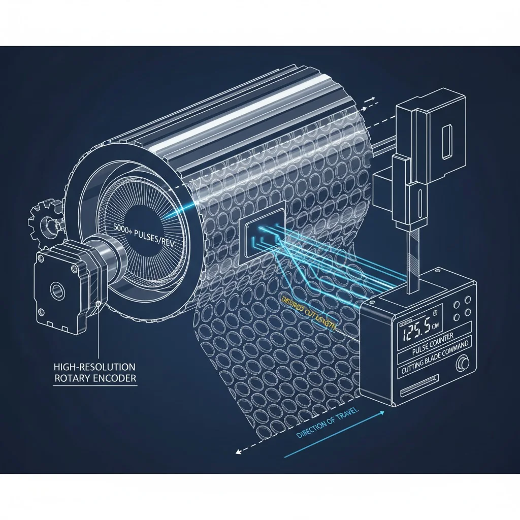 Detailed technical illustration of a rotary encoder cross-section with labeled components and data flow.