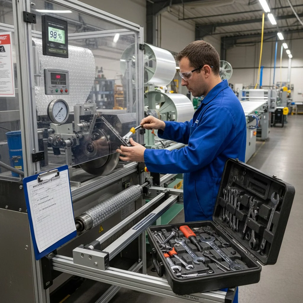 Technician in blue uniform adjusting machinery in workshop with tools.