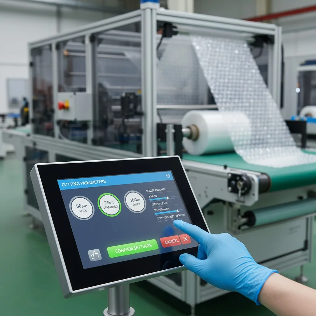 Touchscreen interface on a PLC-controlled bubble wrap machine in a factory setting, showing cutting parameters.
