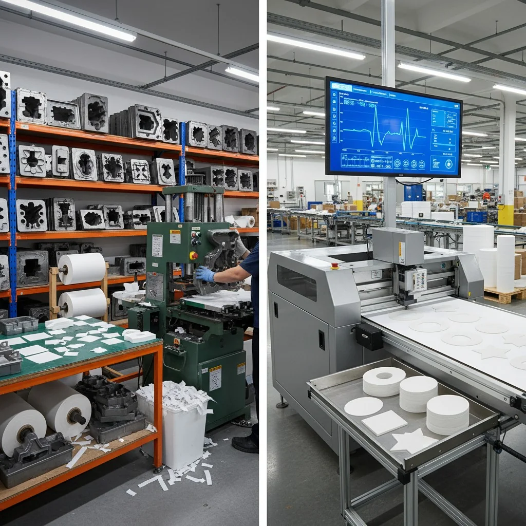 Comparison of traditional and modern manufacturing processes in a factory setting.