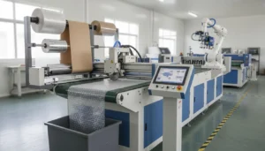 Industrial cutting machine processing materials in a factory setting