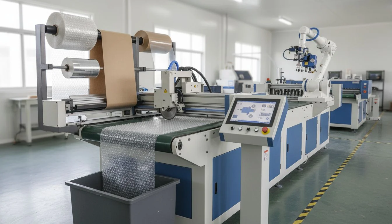 Industrial cutting machine processing materials in a factory setting