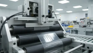 Close-up of industrial machine processing materials in a factory setting.