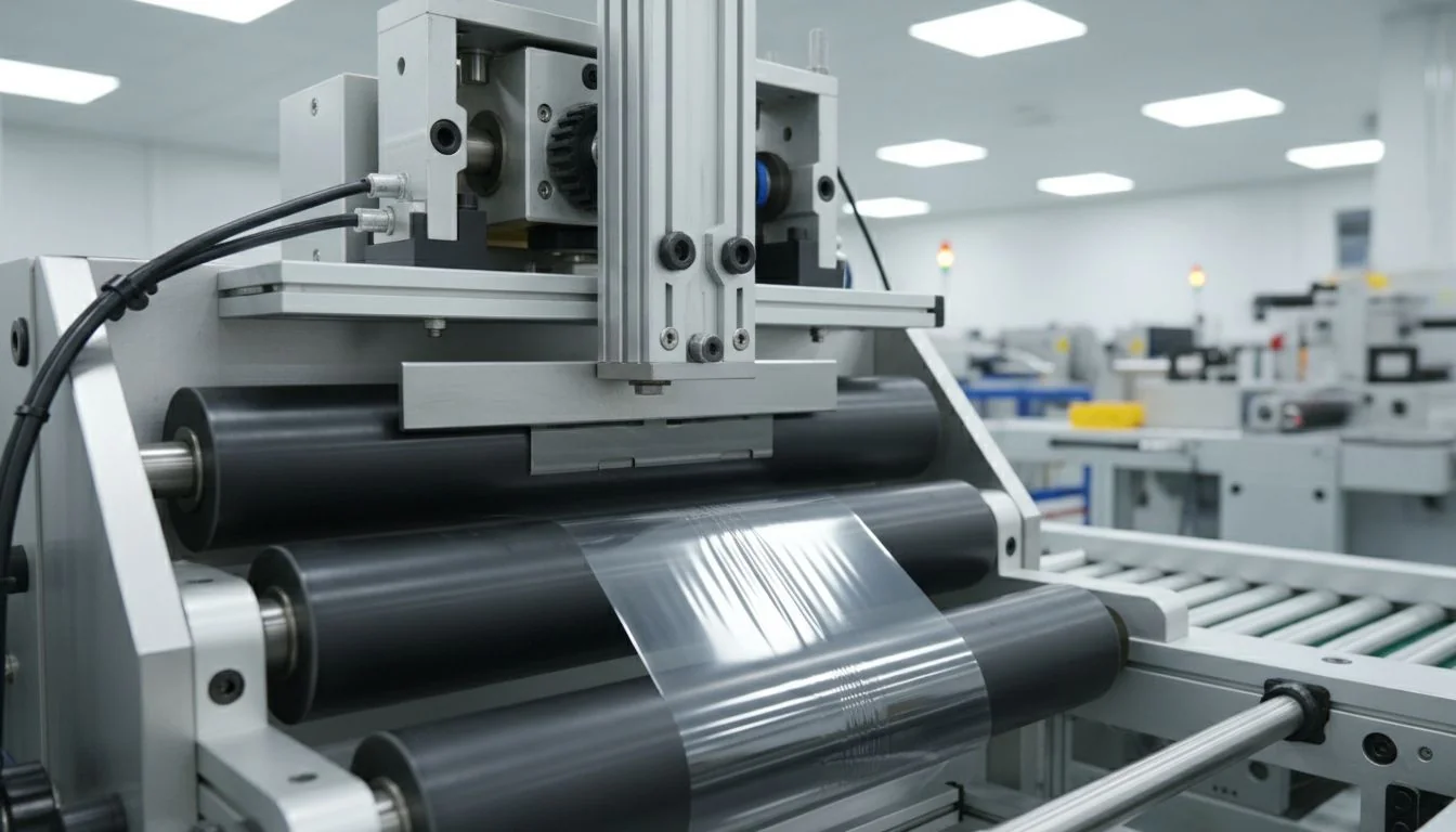 Close-up of industrial machine processing materials in a factory setting.