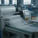 Industrial machine producing bubble wrap in a factory setting.
