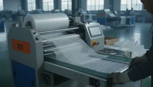 Industrial machine producing bubble wrap in a factory setting.