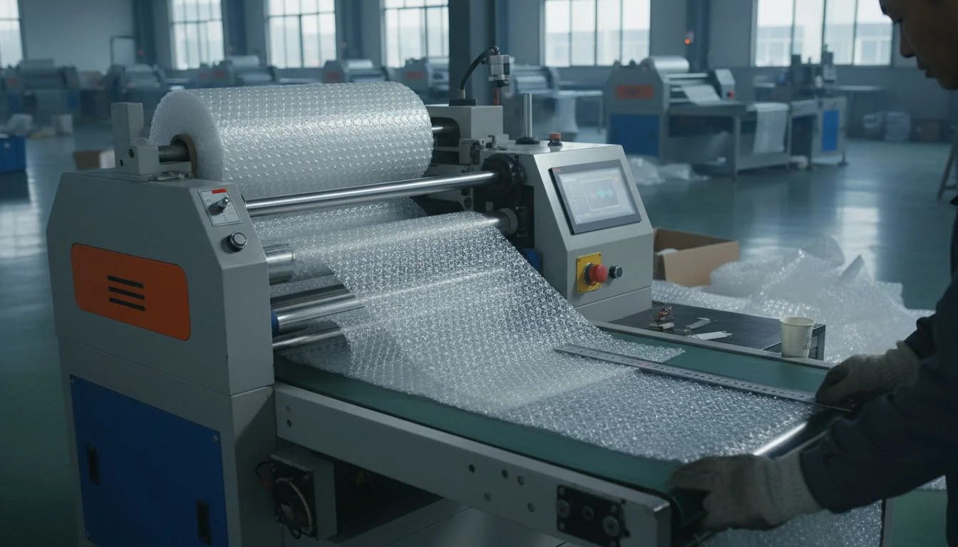 Industrial machine producing bubble wrap in a factory setting.