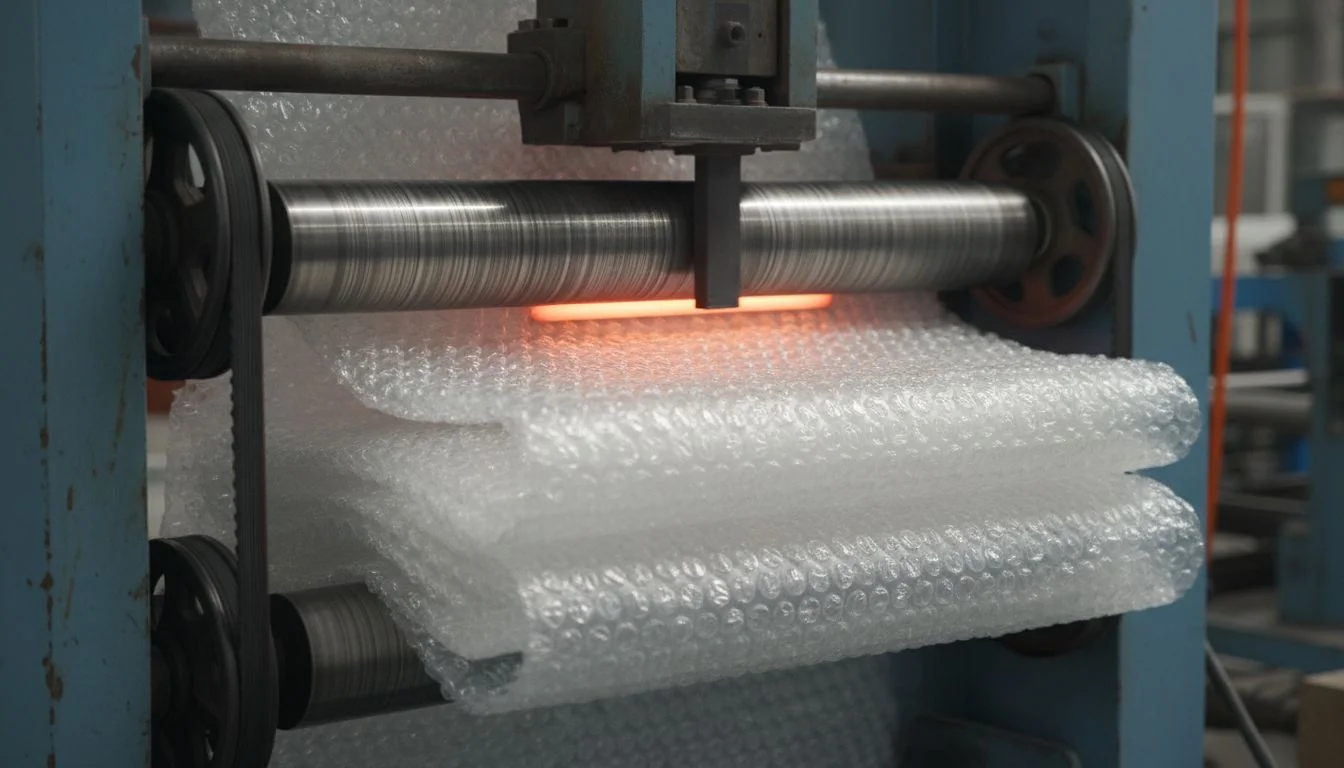 Close-up view of bubble wrap being processed in an industrial machine.