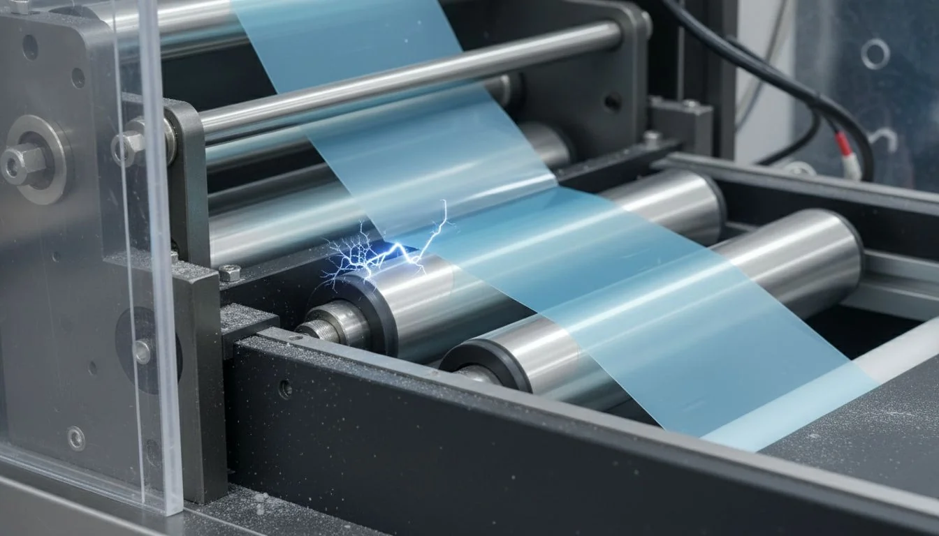 Close-up view of an industrial cutting machine with blue film and sparks.