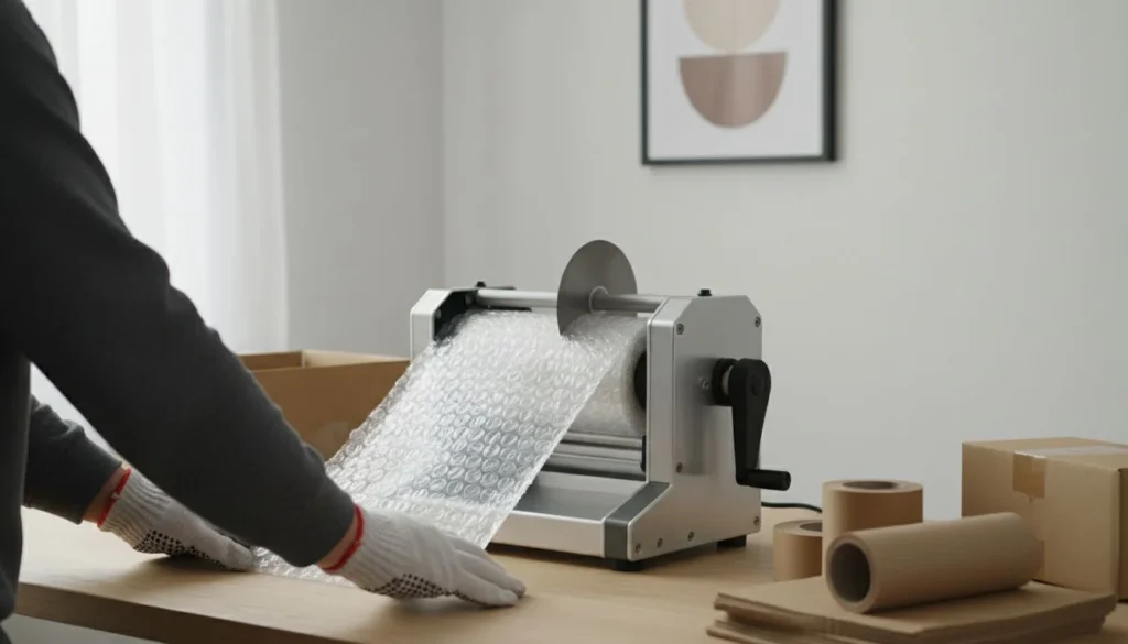 Close-up of bubble wrap dispenser on table with packaging materials.