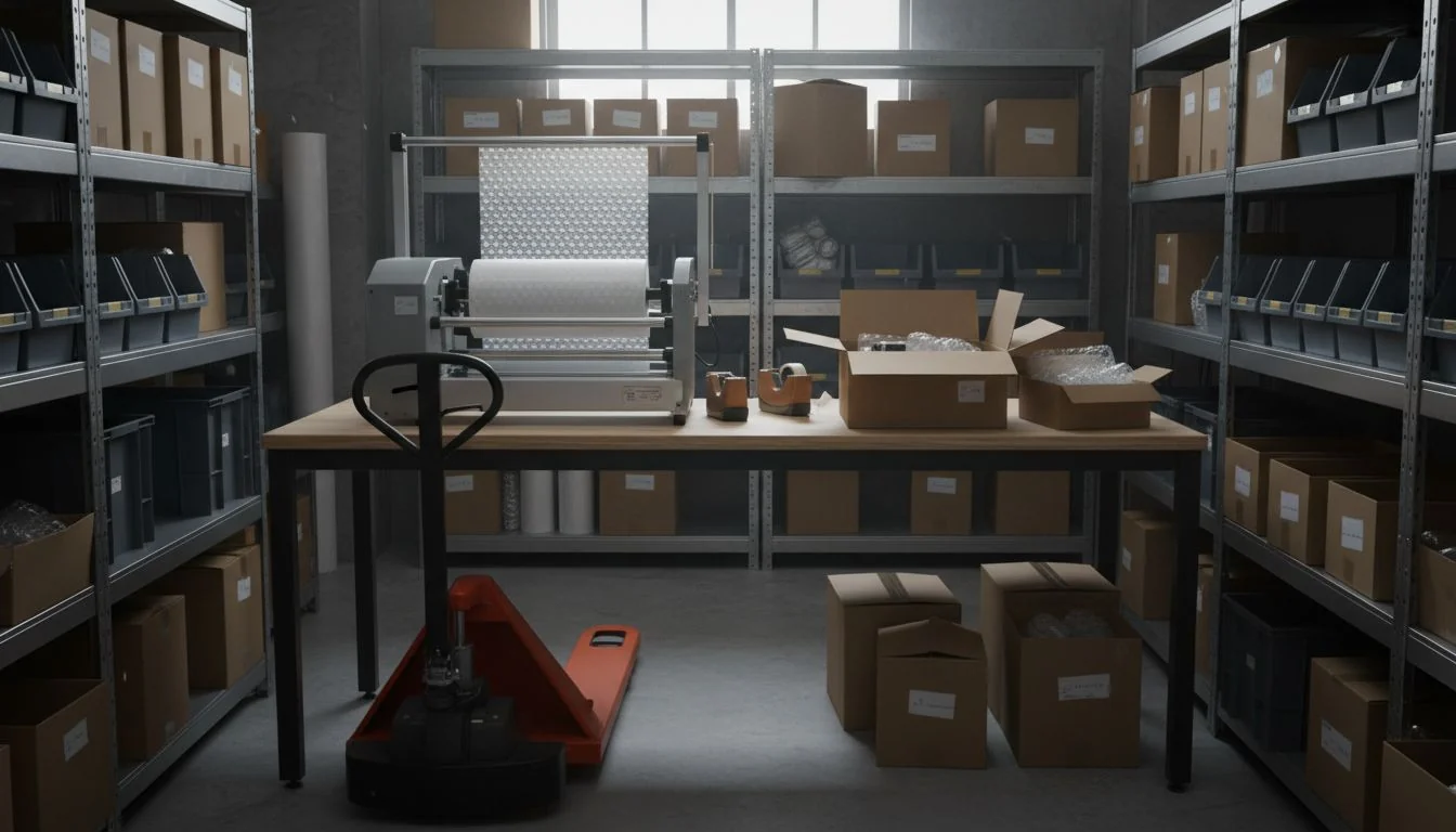 Small warehouse layout Organized warehouse with efficient packing station