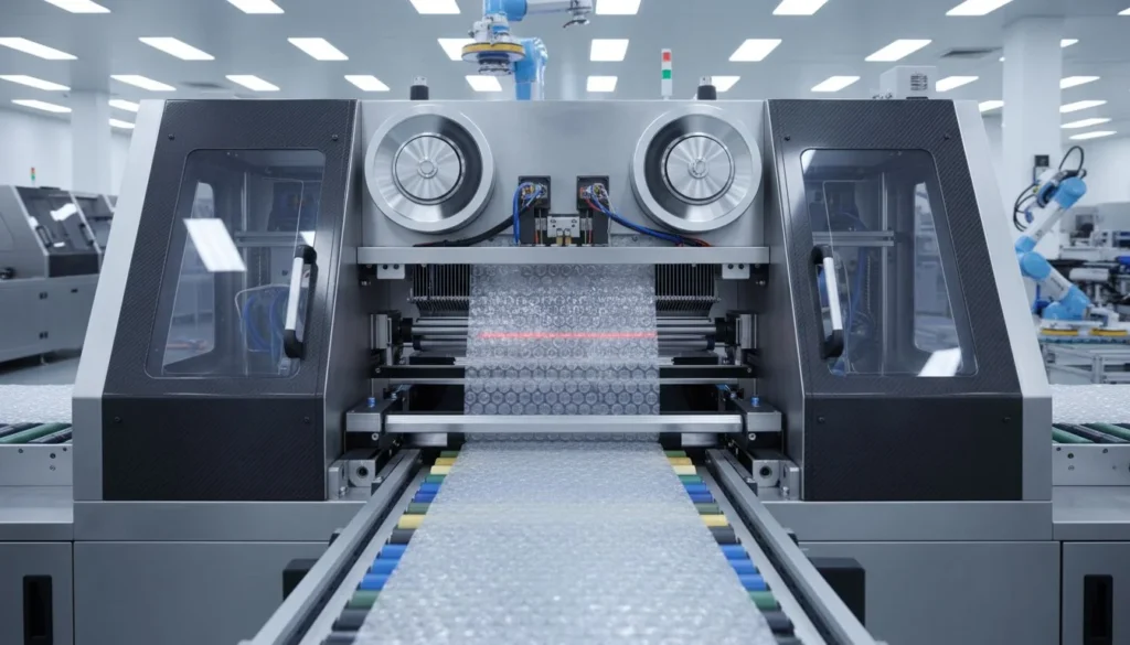 Advanced industrial cutting machine processing materials in a modern factory setting.