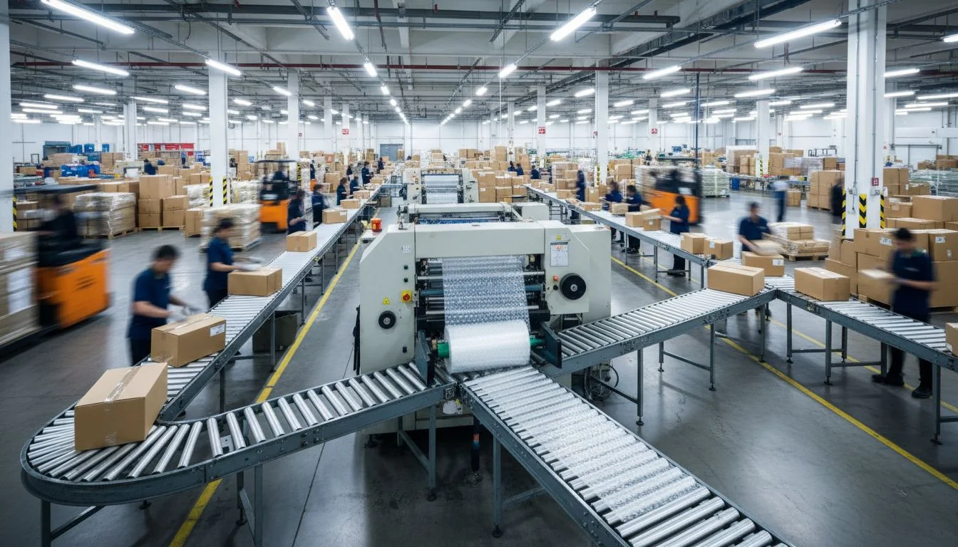 High-speed bubble wrap cutting machine in busy warehouse setting
