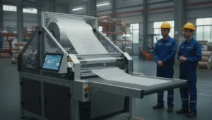 Industrial bubble wrap machine operating in a factory setting with two workers observing the process.