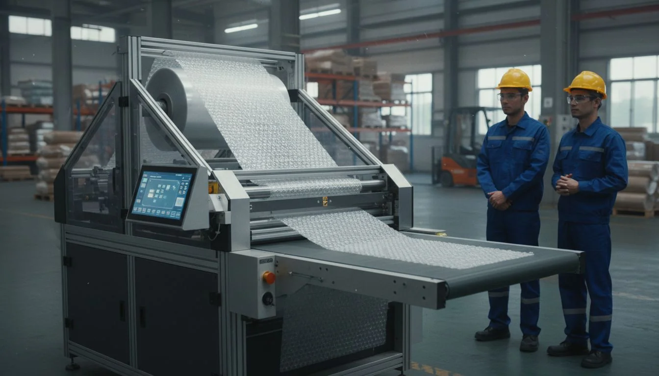 Industrial bubble wrap machine operating in a factory setting with two workers observing the process.