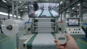 Bubble wrap production line with control panel and stopwatch in factory setting.
