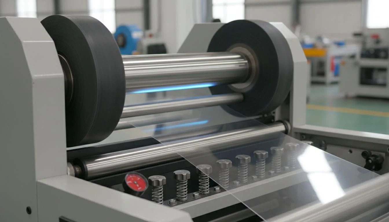 [PET film](https://www.topregal.com/en/packaging-technology/lpm16-bubble-wrap-machine-nominal-power-200-w-150-267-mm-s-tecmaschin.html?srsltid=AfmBOopMtt3-ywiPSjQP01JkECUYZc9Ple5N4MzCs6J6iG9-BAV6492Y)[^3] cutting machine in industrial operation