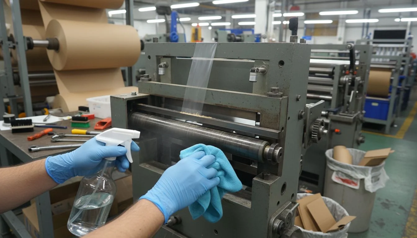 Technician maintaining cutting machine rollers in factory