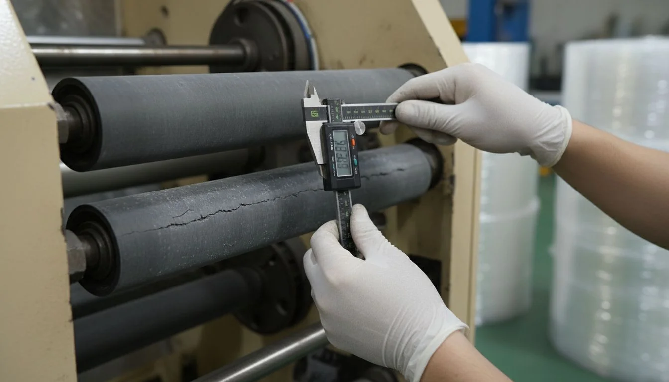 Technician checking roller with caliper