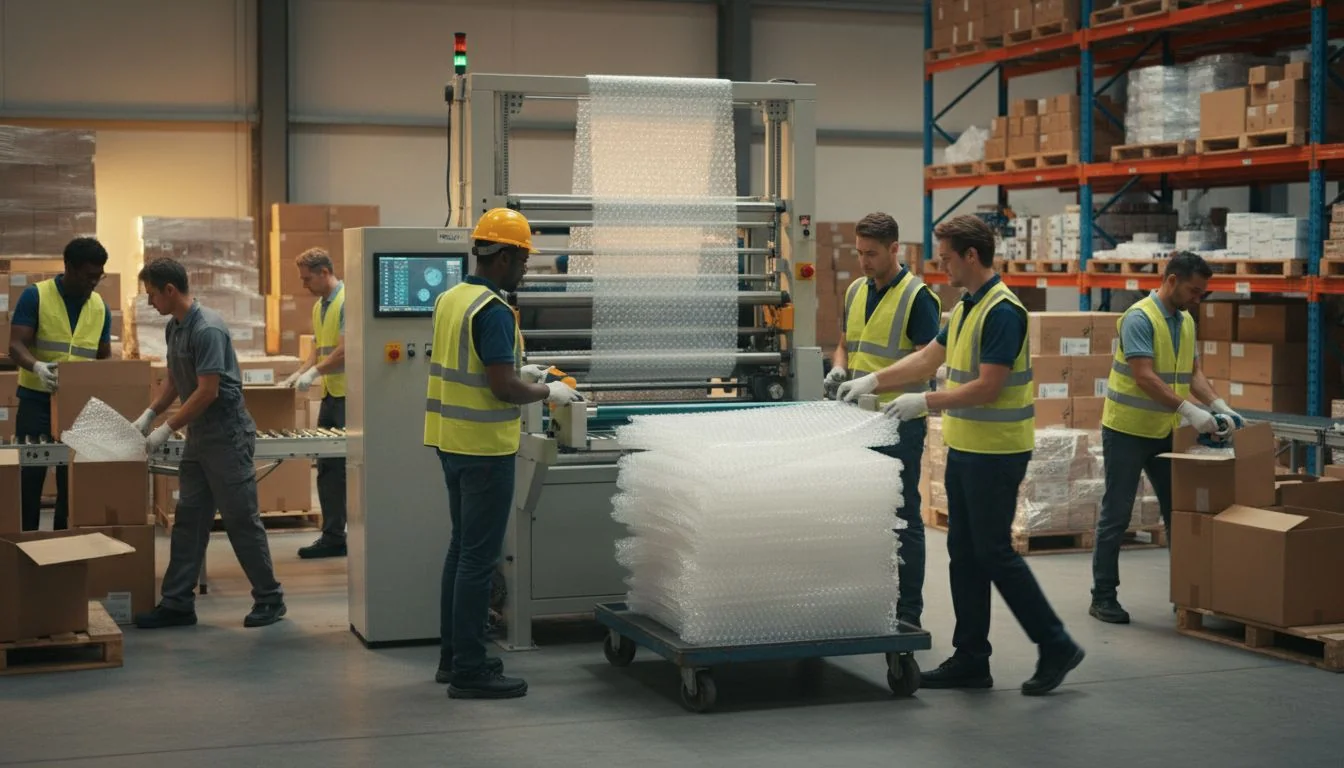 Warehouse team in safety vests handling packing materials and boxes