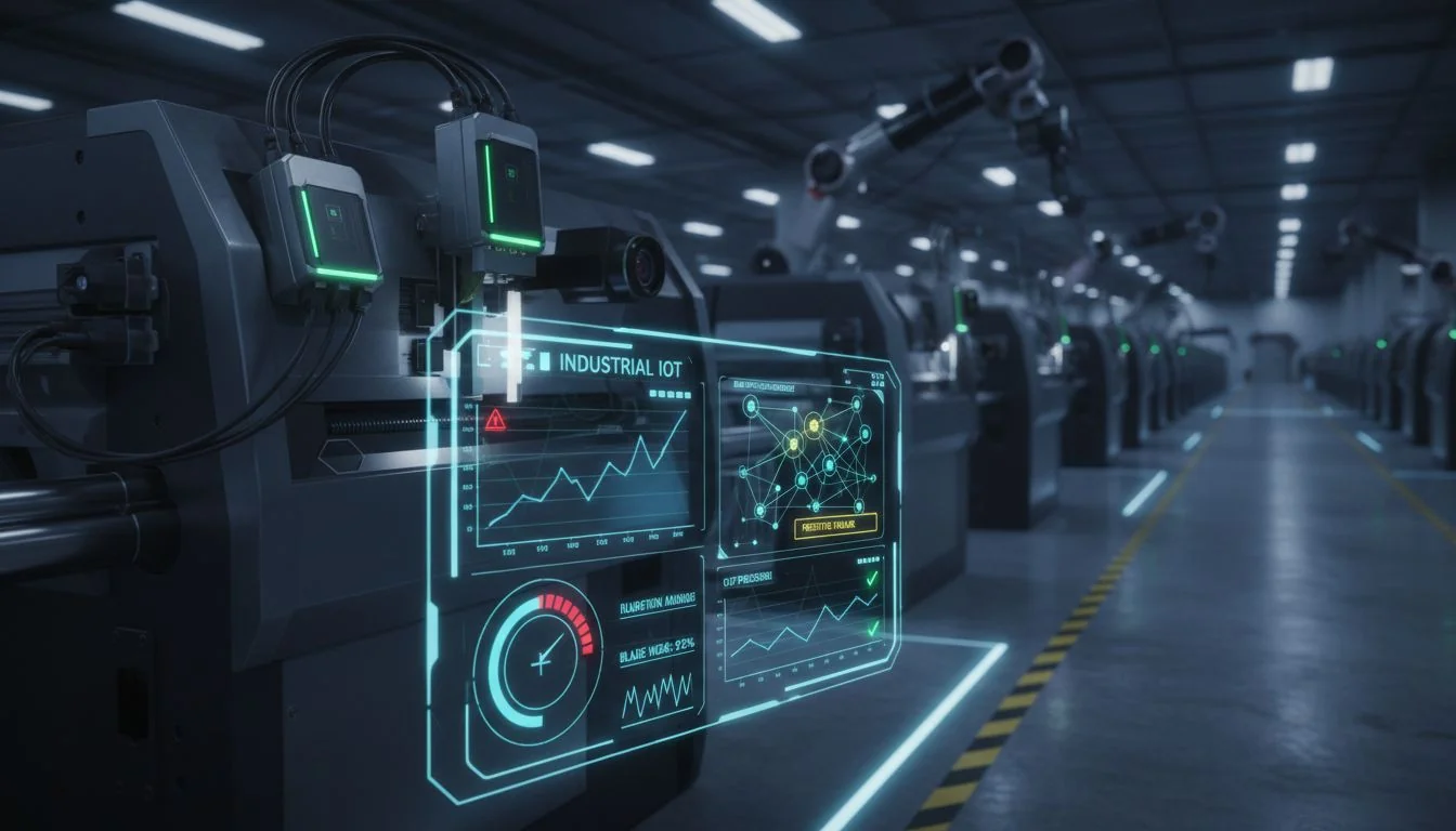 AI-based predictive maintenance for foil cutting Futuristic factory with AI predictive maintenance system and industrial IoT interface.