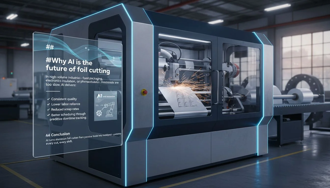 AI-driven machine cutting foil with precision sparks in industrial setting