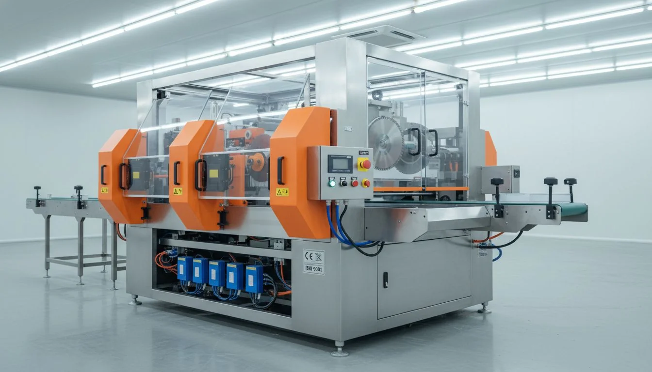 Modern aluminium foil cutting machine in a clean industrial setting with advanced technology.