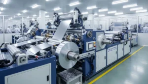 Industrial aluminium foil processing line in a modern factory setting with machinery and workers.