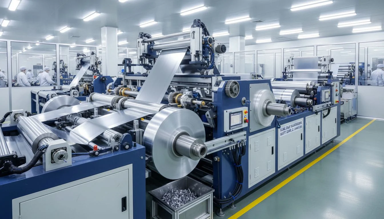 Industrial aluminium foil processing line in a modern factory setting with machinery and workers.