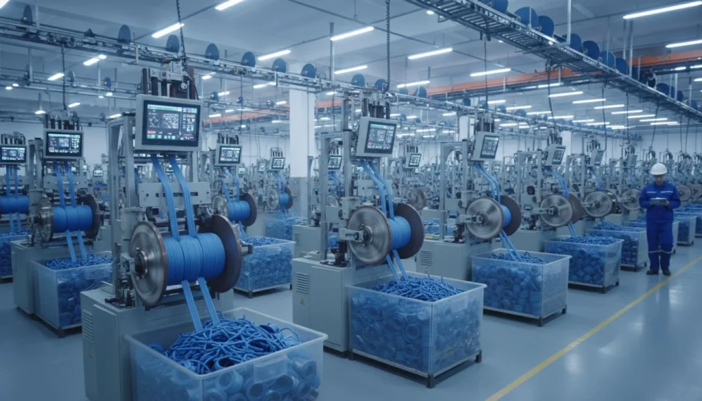 Modern industrial factory floor with advanced machinery and blue cables organized neatly.