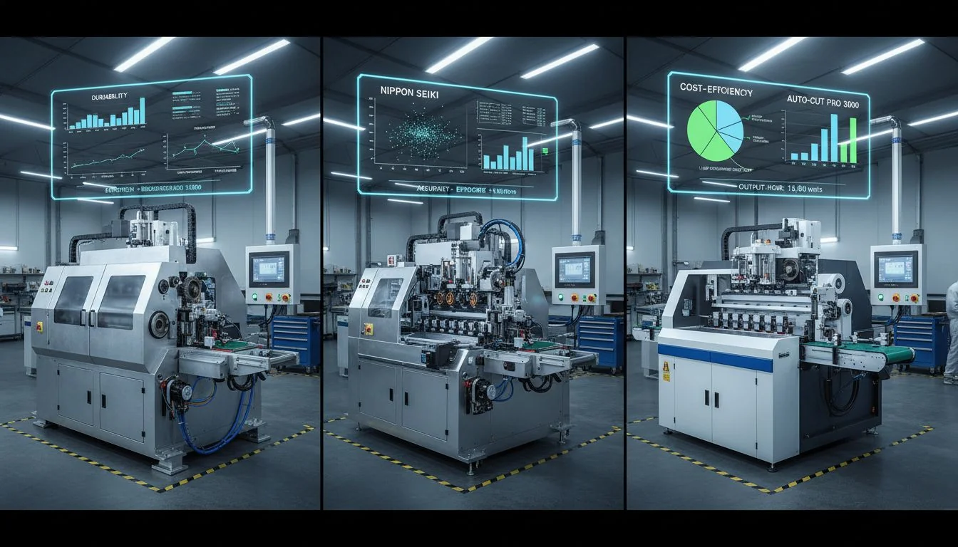smart cutting AI for aluminium foil Three aluminium foil cutting machines in a factory setting with performance graphs displayed above each.
