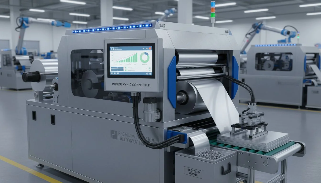 servo motor in aluminium foil cutting Advanced automated aluminium foil cutting machine in a factory setting, showcasing Industry 4.0 technology and efficiency.