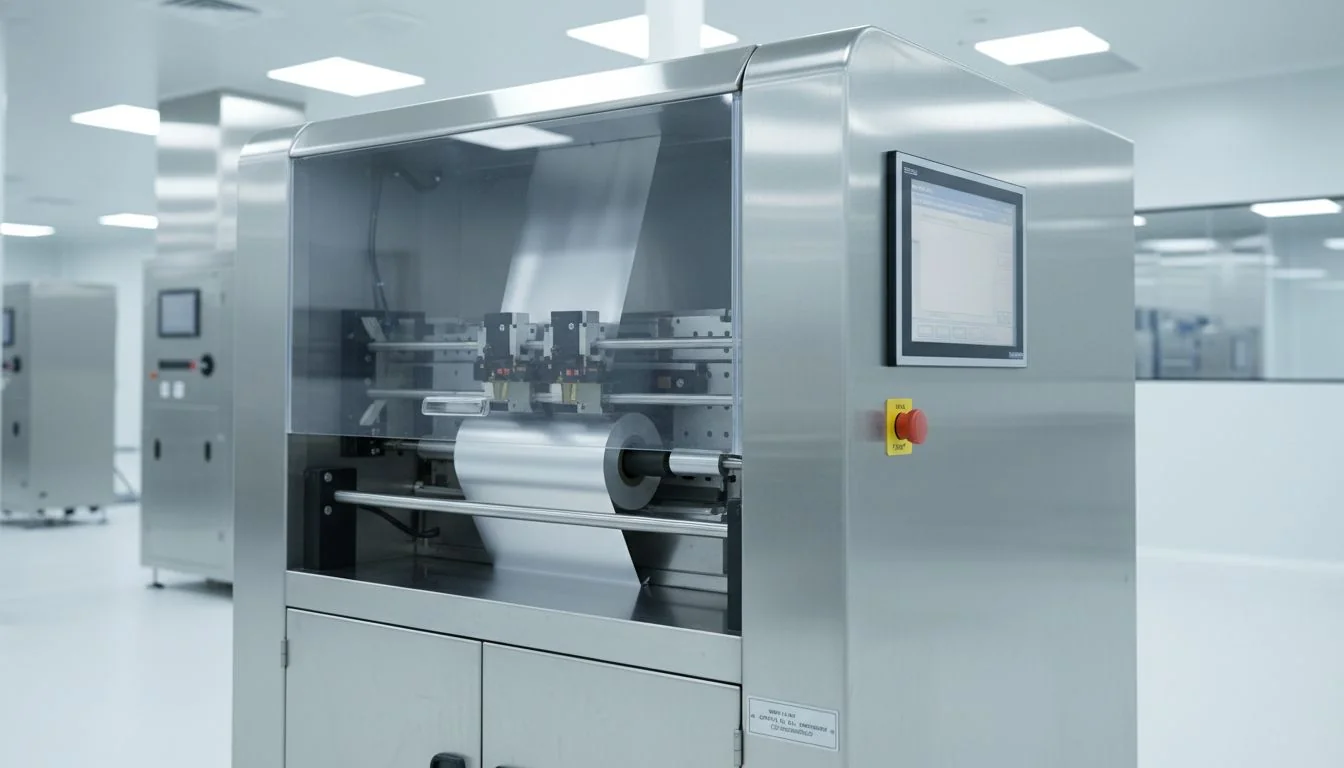 High-tech cleanroom aluminium foil cutting machine in operation