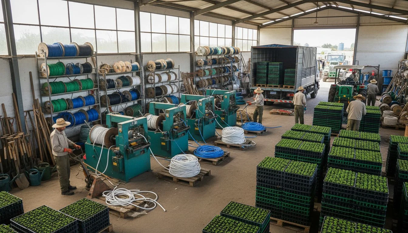 Workers organize supplies in a busy agricultural distribution center.