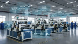 Industrial aluminium foil cutting machines in a factory setting