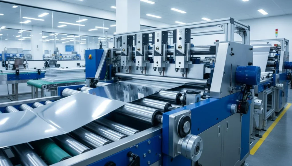 Industrial aluminium foil cutting machine operating at high speed in a modern factory setting with precision and efficiency.